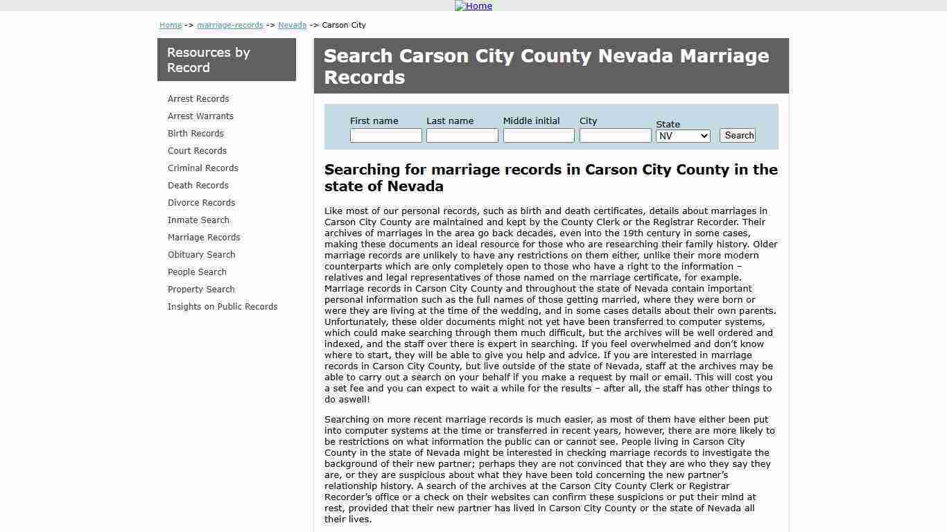 Search Marriage Records Carson City Nevada | US Records