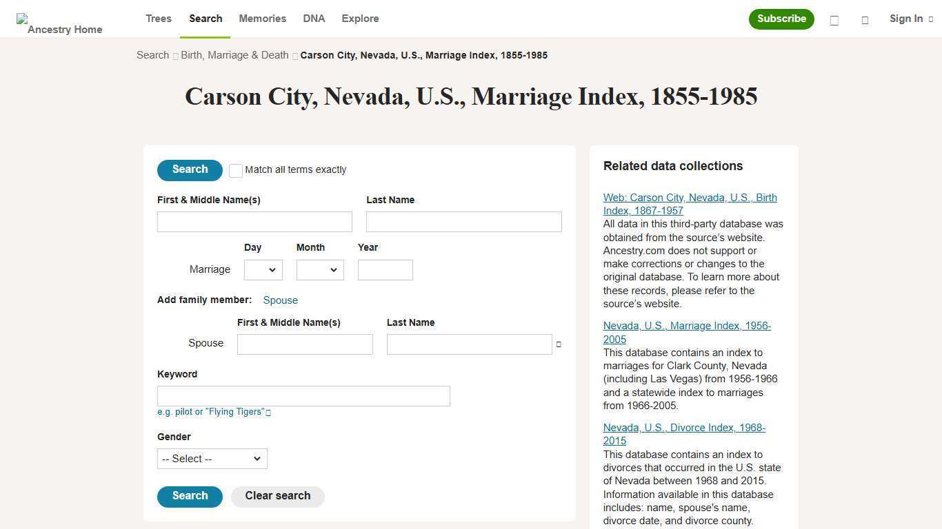 Carson City, Nevada, U.S., Marriage Index, 1855-1985 - Ancestry