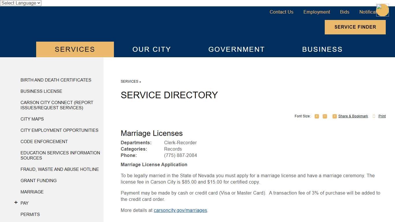 Marriage Licenses | Service Directory | Carson City